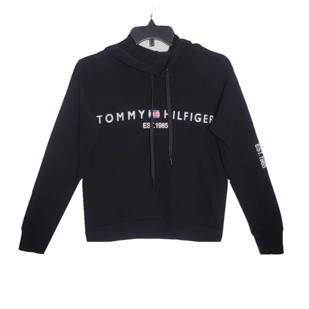 ✨SPORT Tommy Hilfiger Size XS Women Hoodie Black Pullover logo Cotton no pockets